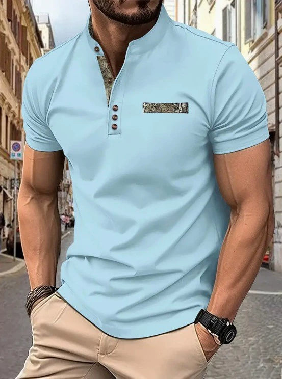 Lässiges Henley-Shirt für Herren – Stehkragen, lange Ärmel, Knopfdetail, Stretchstoff