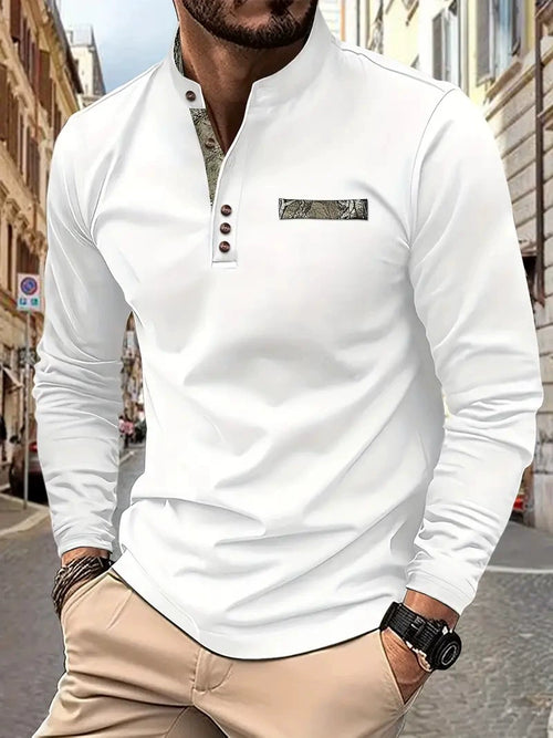 Lässiges Henley-Shirt für Herren – Stehkragen, lange Ärmel, Knopfdetail, Stretchstoff