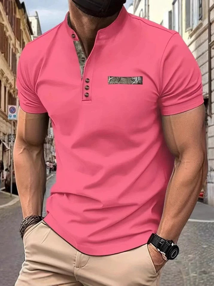 Lässiges Henley-Shirt für Herren – Stehkragen, lange Ärmel, Knopfdetail, Stretchstoff