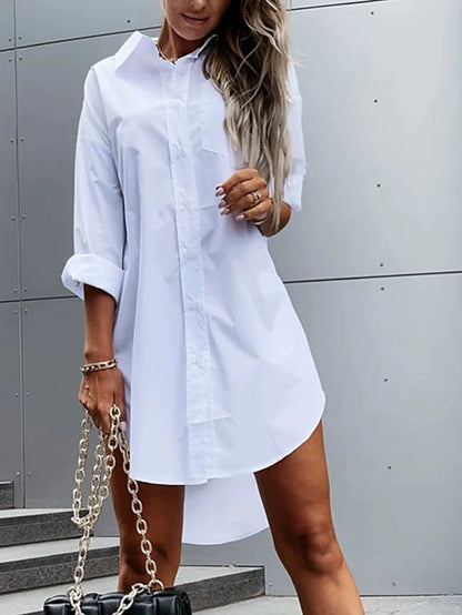 Solid Button Front Shirt Dress – Casual Long Sleeve Lapel Dress for Spring & Fall