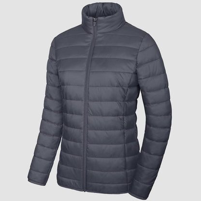 Women's  Lightweight Puffer Jacket Stand Collar Full Zip Quilted Lined Winter Coat