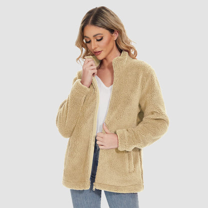 Women's Sherpa Jacket Full-Zip Fuzzy Fleece Teddy Casual Coats Zip Pockets Winter Warm Soft Jackets