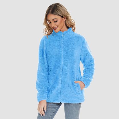 Women's Sherpa Jacket Full-Zip Fuzzy Fleece Teddy Casual Coats Zip Pockets Winter Warm Soft Jackets
