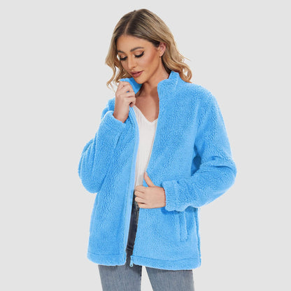 Women's Sherpa Jacket Full-Zip Fuzzy Fleece Teddy Casual Coats Zip Pockets Winter Warm Soft Jackets