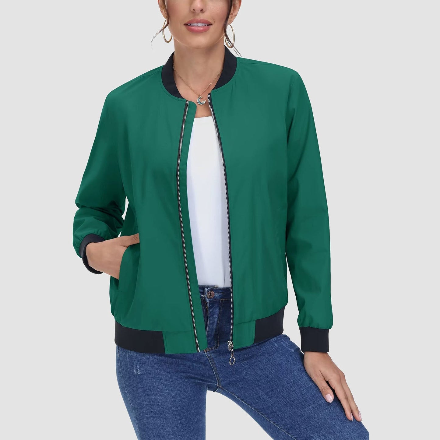 Jaqueta bomber feminina casual com zíper leve casaco corta-vento