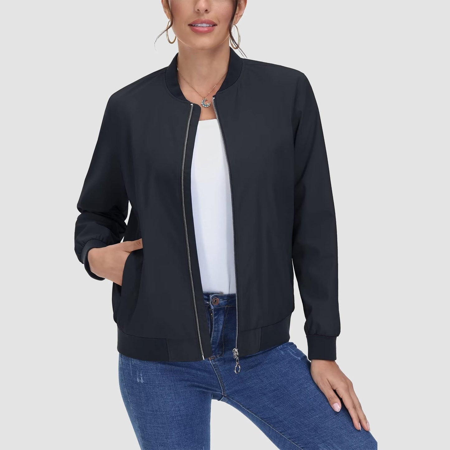 Jaqueta bomber feminina casual com zíper leve casaco corta-vento