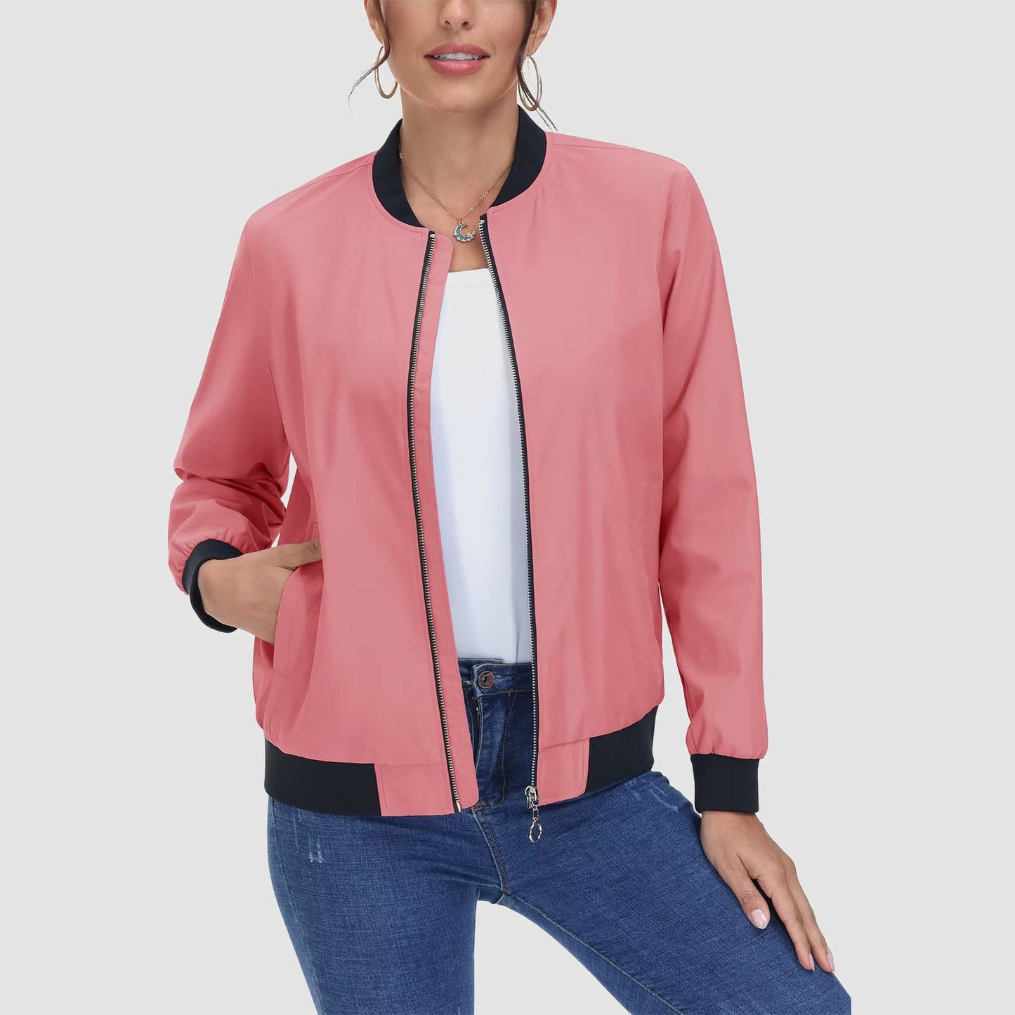 Jaqueta bomber feminina casual com zíper leve casaco corta-vento