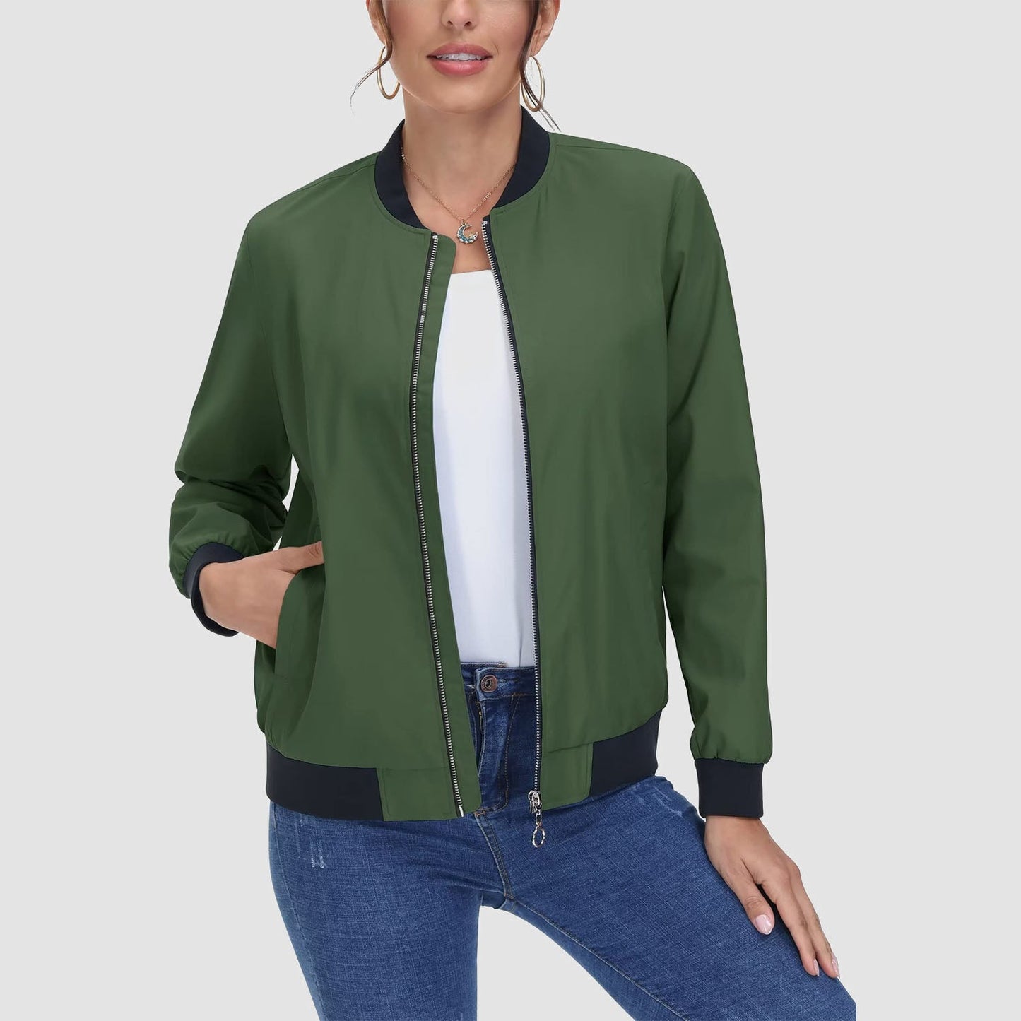 Jaqueta bomber feminina casual com zíper leve casaco corta-vento