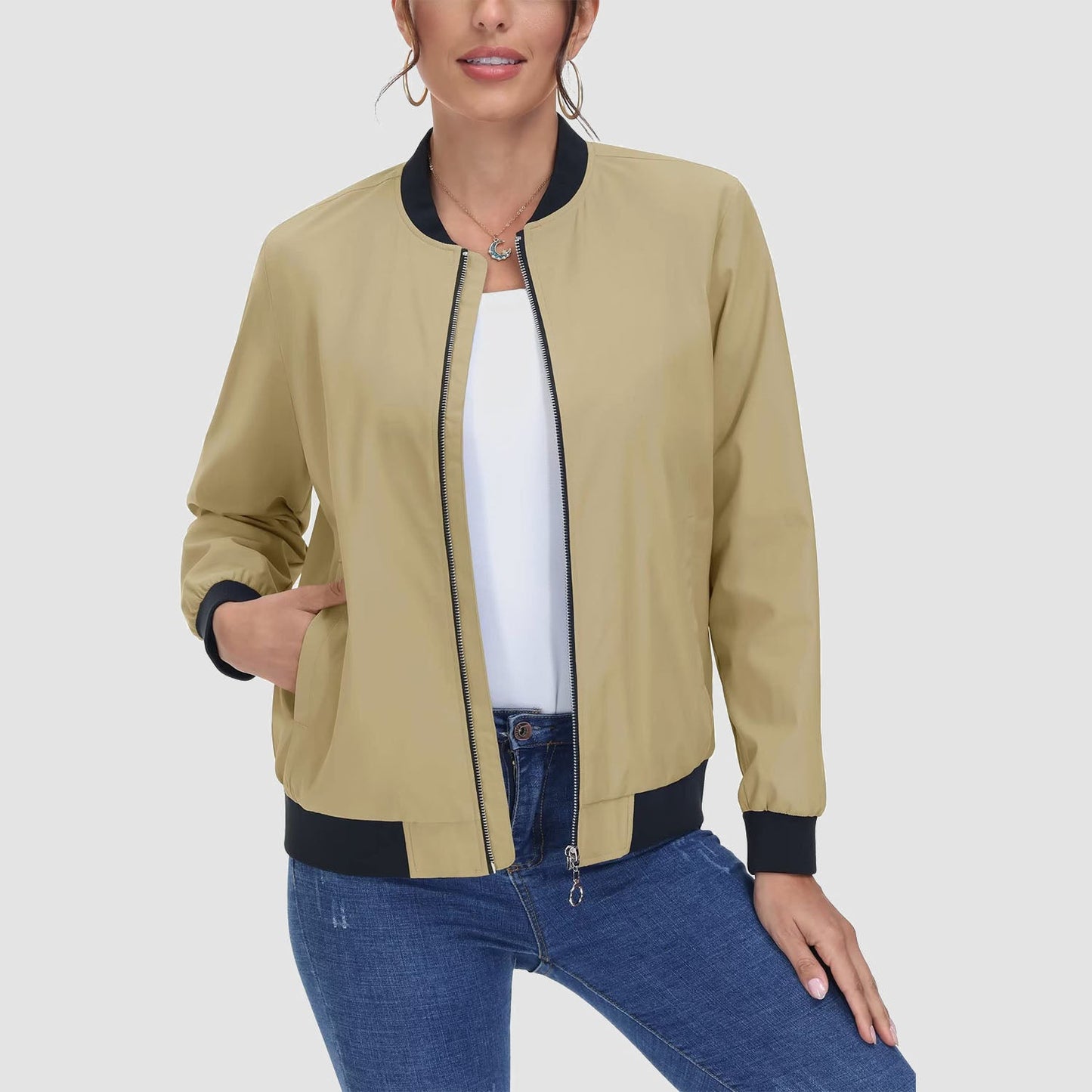 Jaqueta bomber feminina casual com zíper leve casaco corta-vento