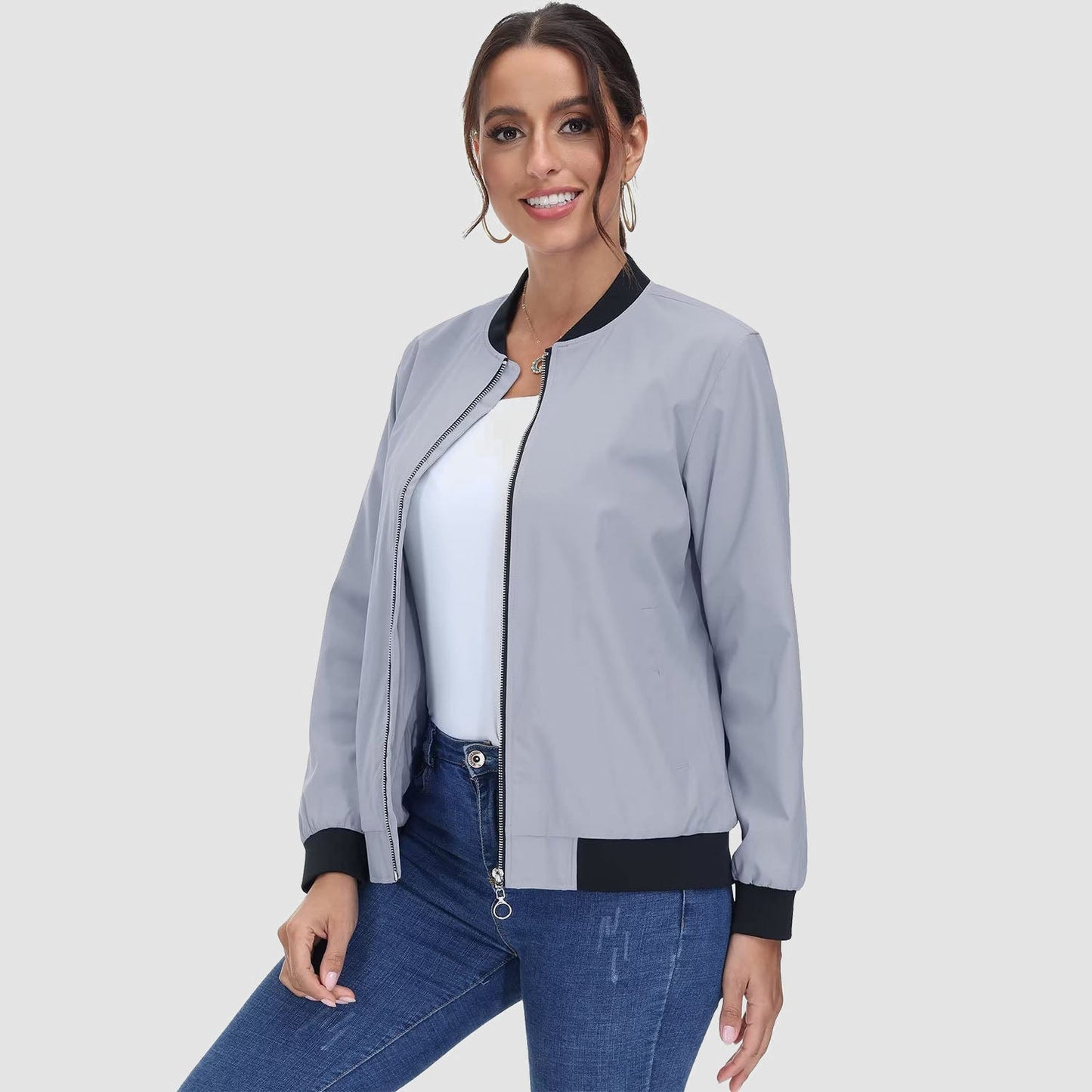 Jaqueta bomber feminina casual com zíper leve casaco corta-vento