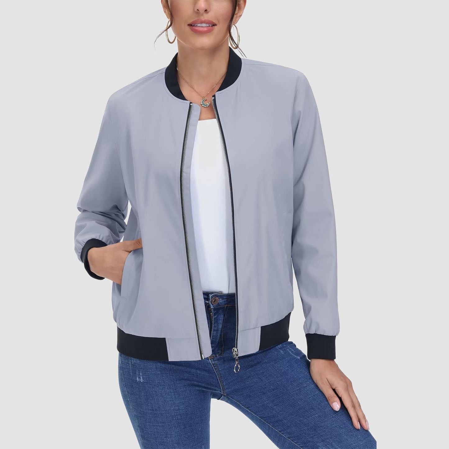 Jaqueta bomber feminina casual com zíper leve casaco corta-vento