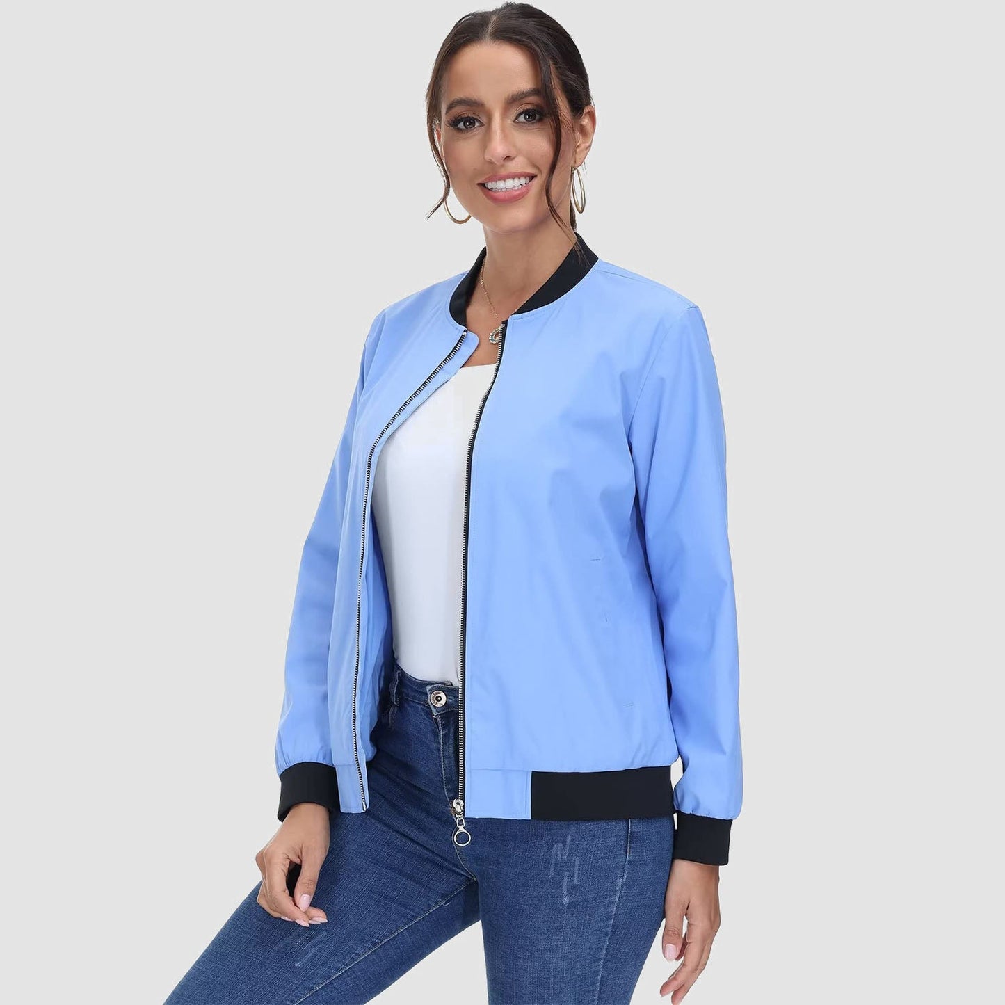 Jaqueta bomber feminina casual com zíper leve casaco corta-vento