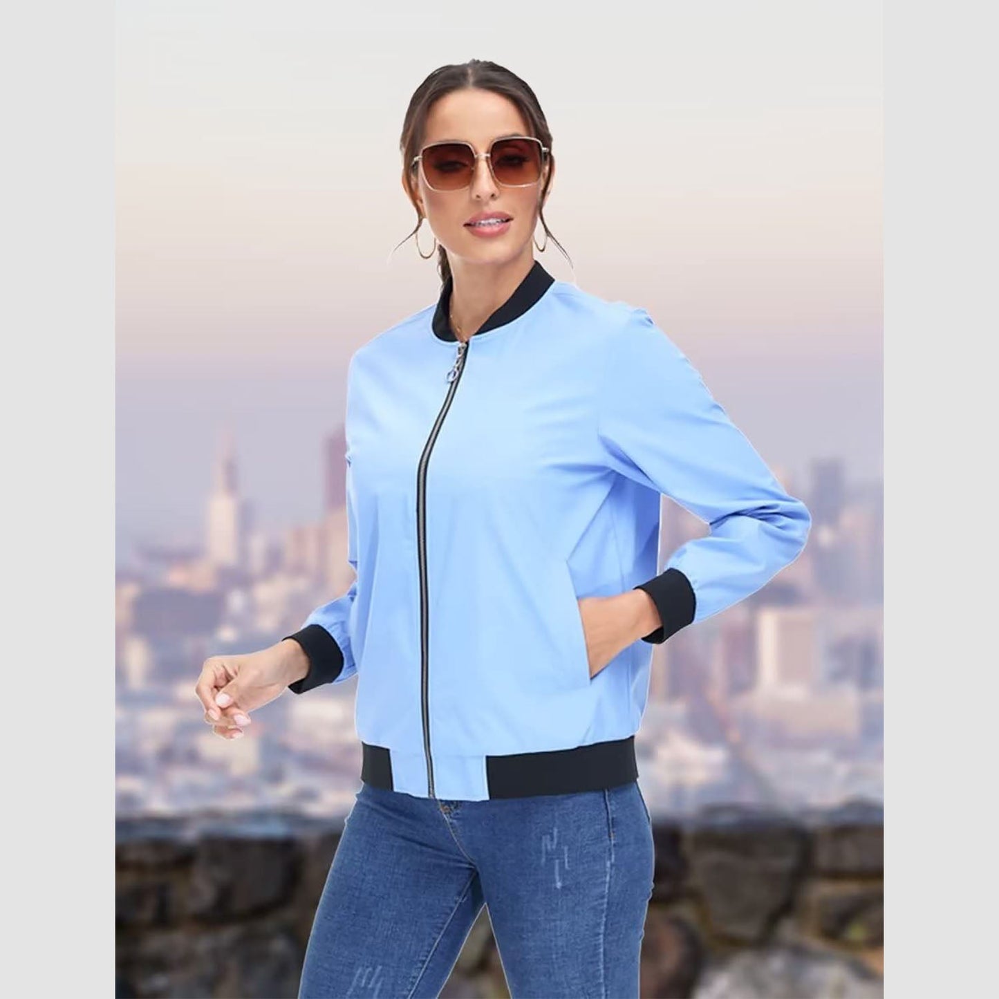 Jaqueta bomber feminina casual com zíper leve casaco corta-vento