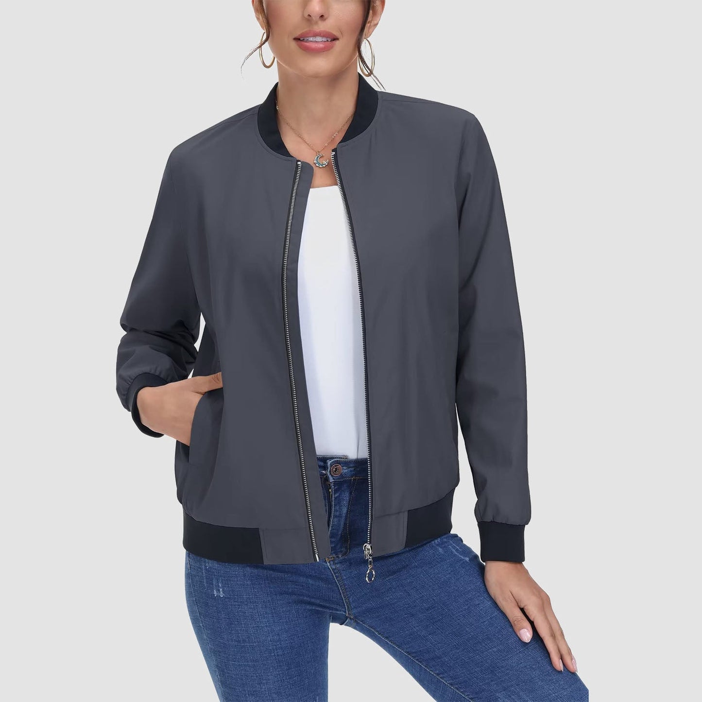 Jaqueta bomber feminina casual com zíper leve casaco corta-vento