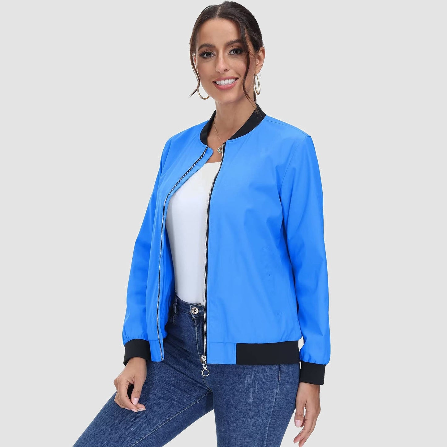 Jaqueta bomber feminina casual com zíper leve casaco corta-vento