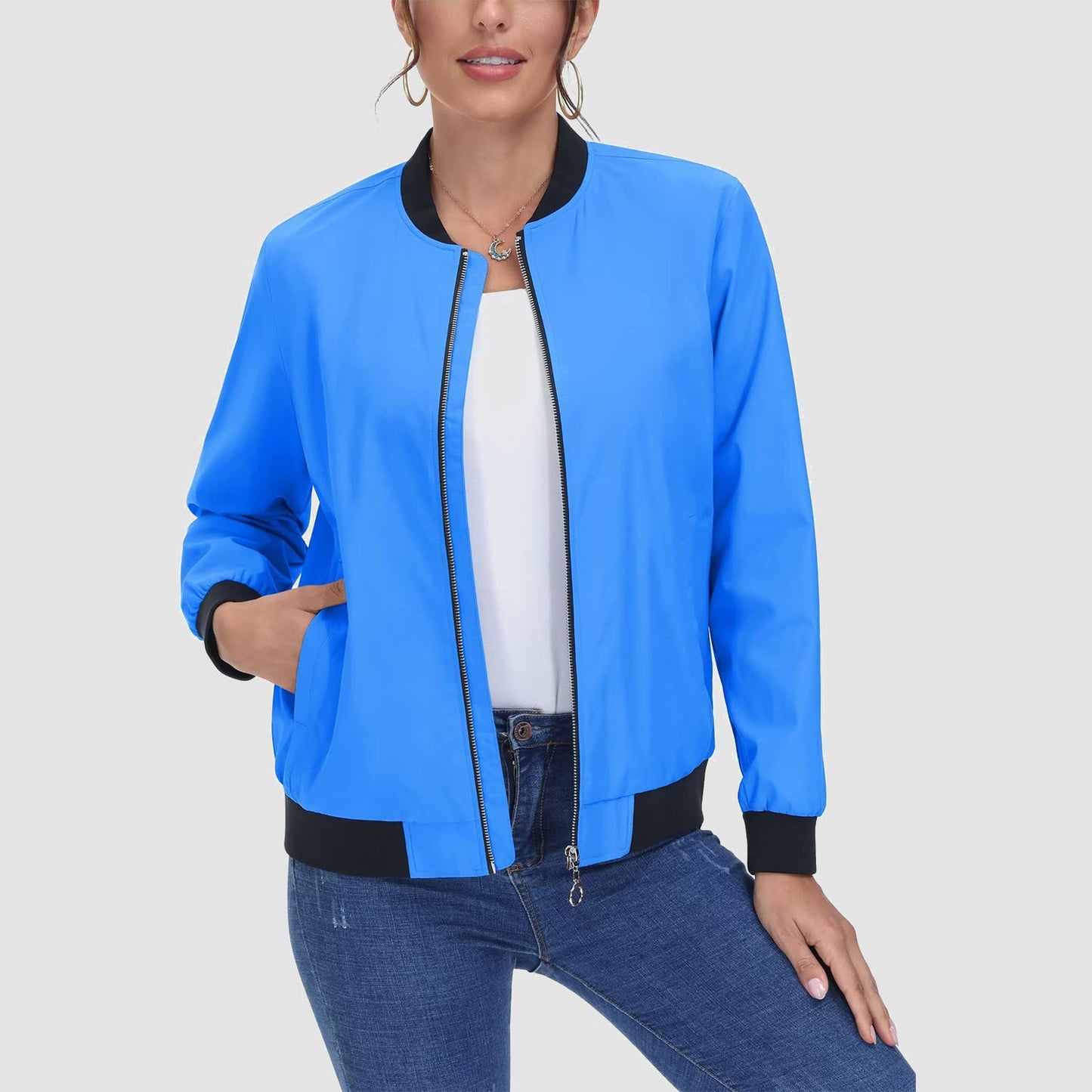 Jaqueta bomber feminina casual com zíper leve casaco corta-vento