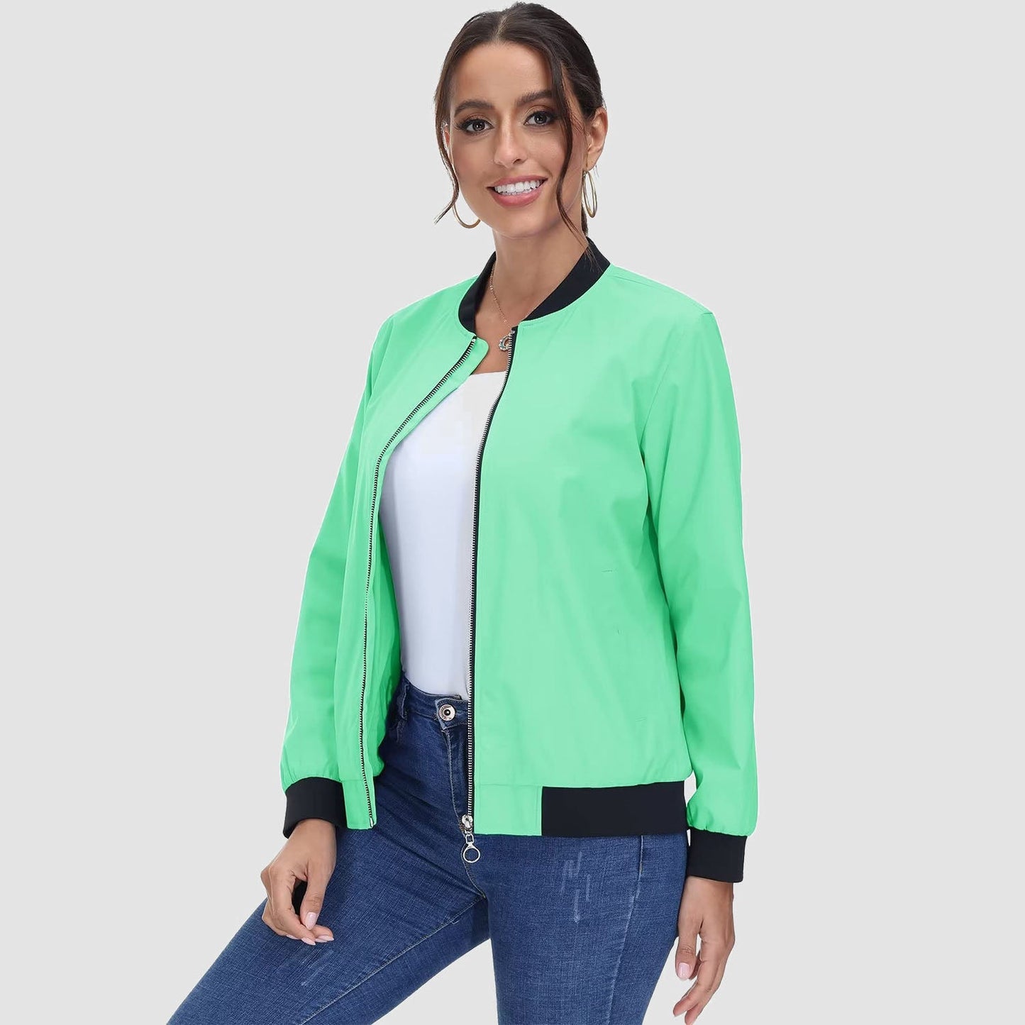 Jaqueta bomber feminina casual com zíper leve casaco corta-vento