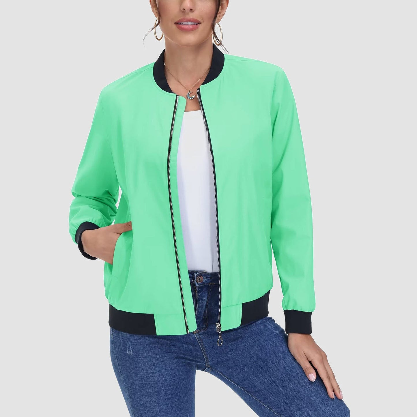 Jaqueta bomber feminina casual com zíper leve casaco corta-vento