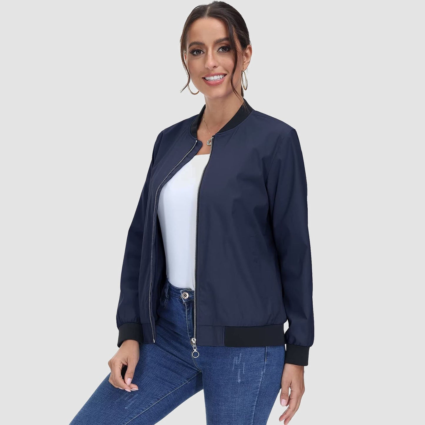 Jaqueta bomber feminina casual com zíper leve casaco corta-vento