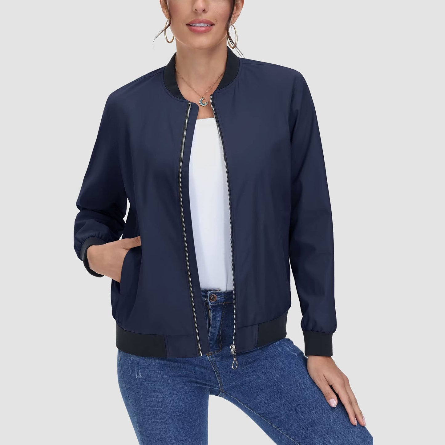 Jaqueta bomber feminina casual com zíper leve casaco corta-vento