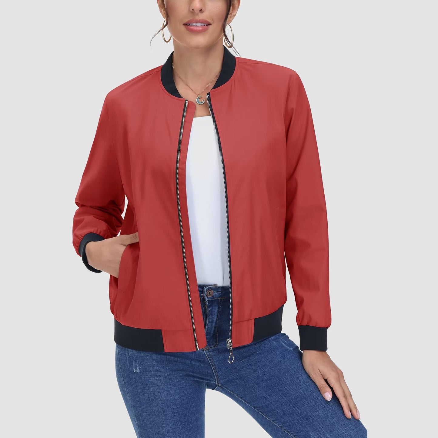 Jaqueta bomber feminina casual com zíper leve casaco corta-vento
