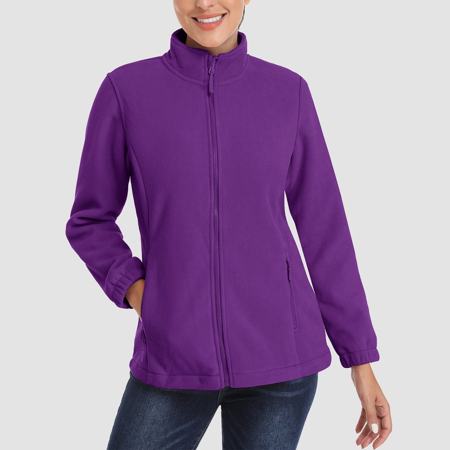 Damen Fleecejacke, weich, durchgehender Reißverschluss, warm, langärmelig, mit 2 Reißverschlusstaschen, Winterjacken 