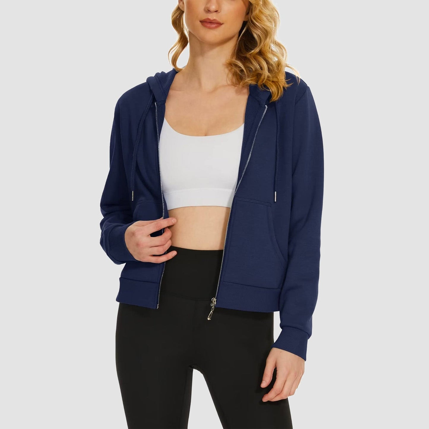 Moletom feminino com capuz, jaqueta bomber feminina, forro de lã, top curto, zíper completo, moletom com capuz para o inverno