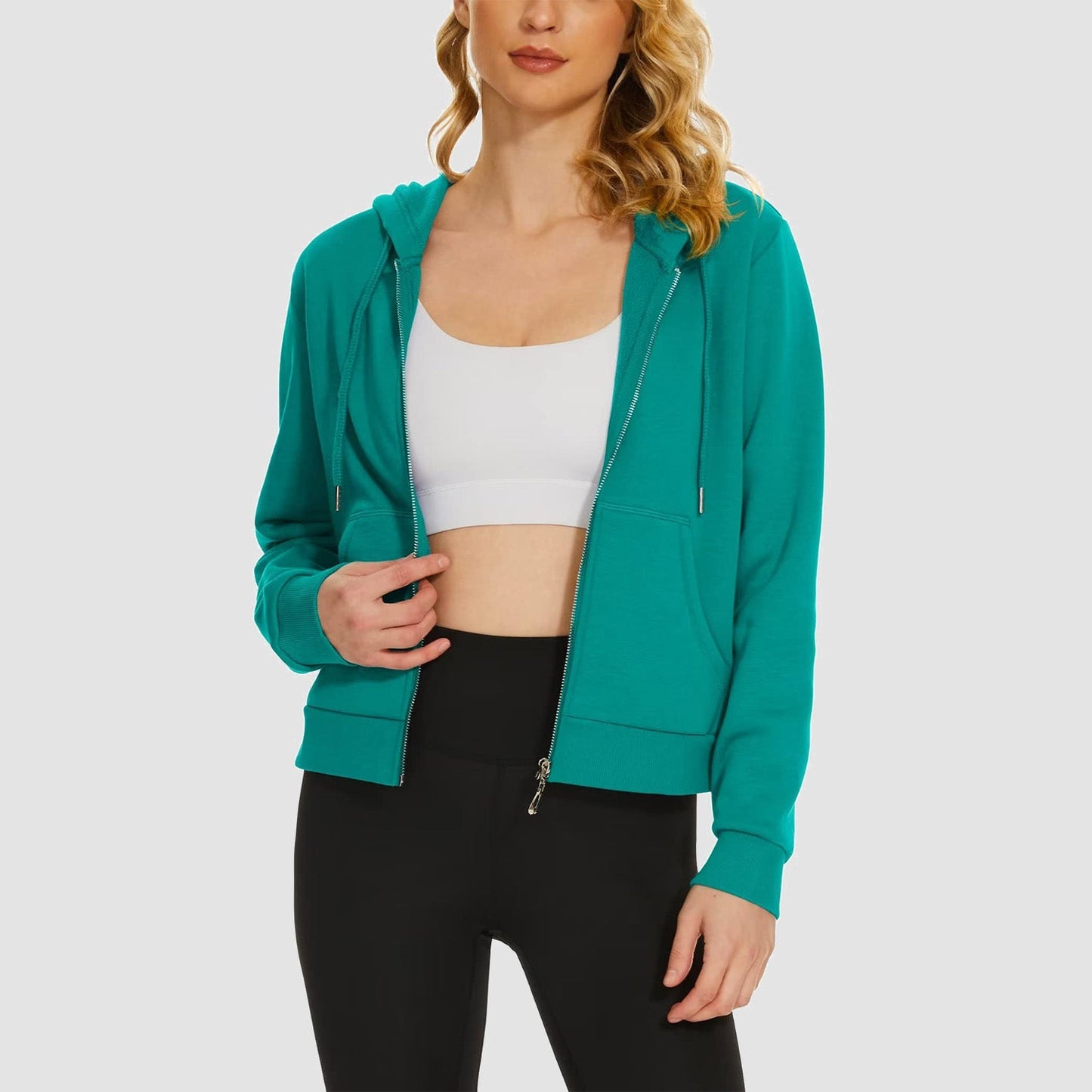 Moletom feminino com capuz, jaqueta bomber feminina, forro de lã, top curto, zíper completo, moletom com capuz para o inverno