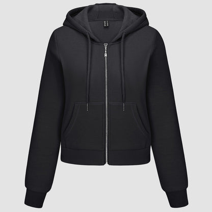 Moletom feminino com capuz, jaqueta bomber feminina, forro de lã, top curto, zíper completo, moletom com capuz para o inverno