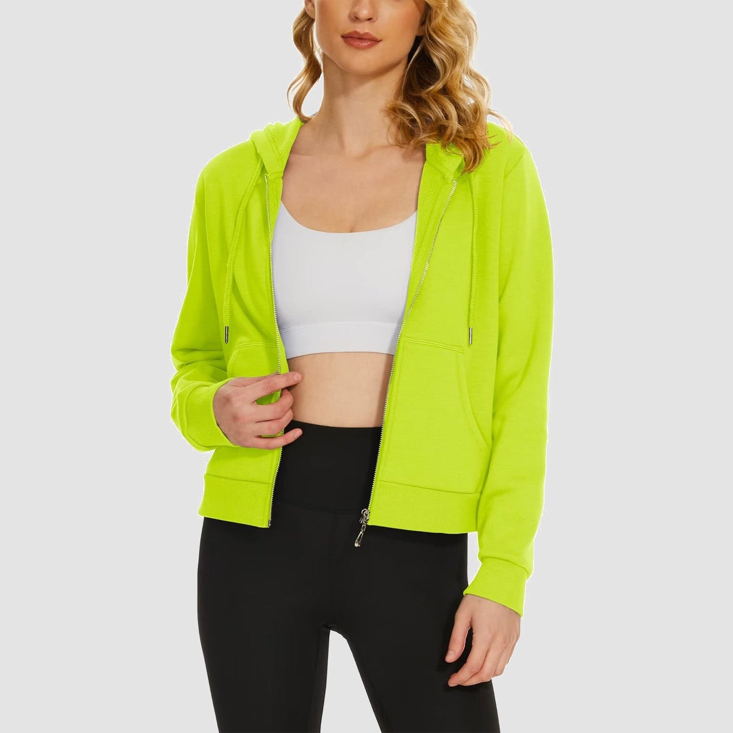 Moletom feminino com capuz, jaqueta bomber feminina, forro de lã, top curto, zíper completo, moletom com capuz para o inverno