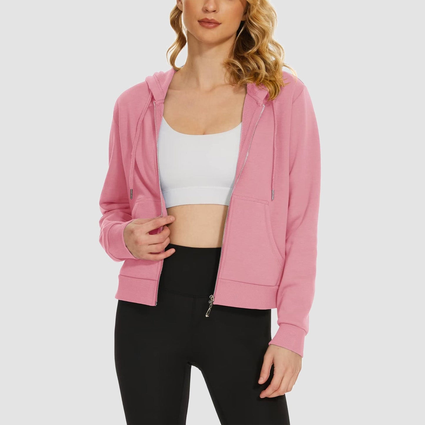 Moletom feminino com capuz, jaqueta bomber feminina, forro de lã, top curto, zíper completo, moletom com capuz para o inverno