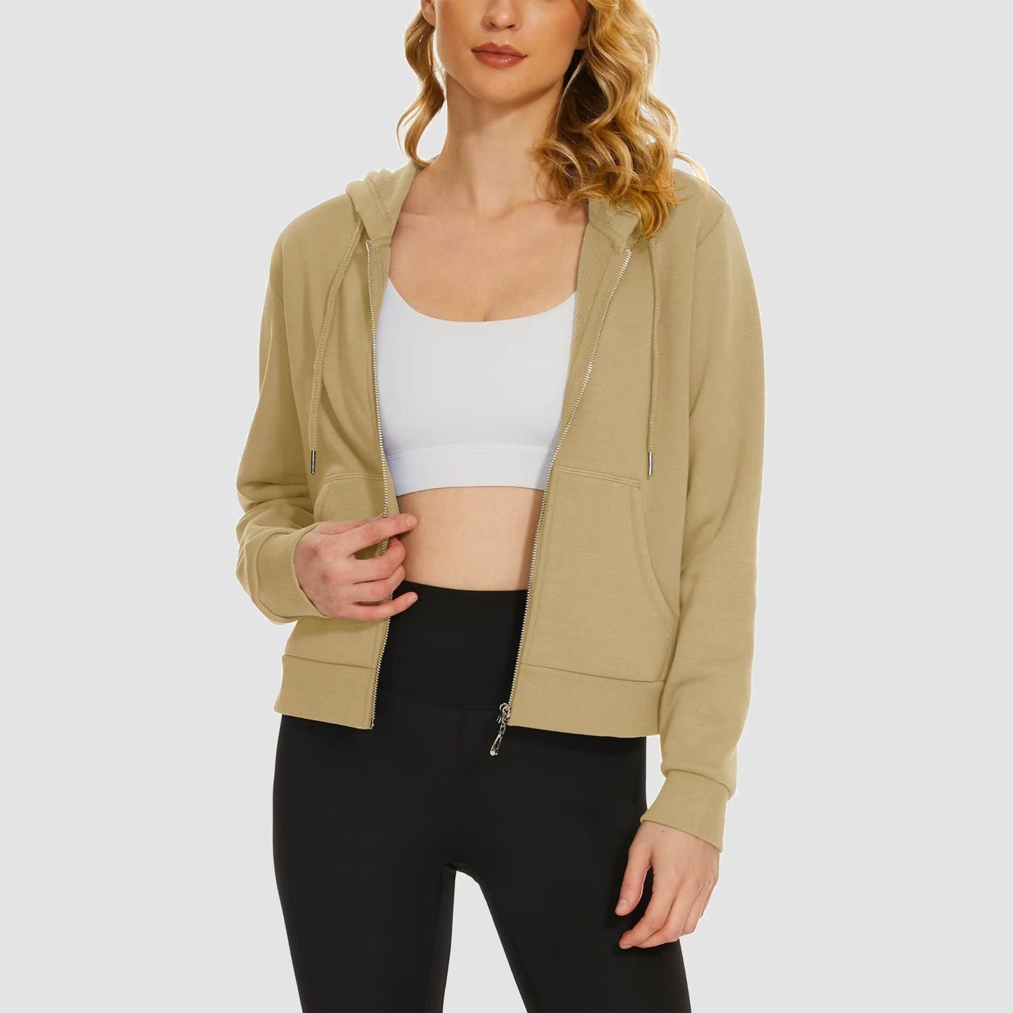 Moletom feminino com capuz, jaqueta bomber feminina, forro de lã, top curto, zíper completo, moletom com capuz para o inverno