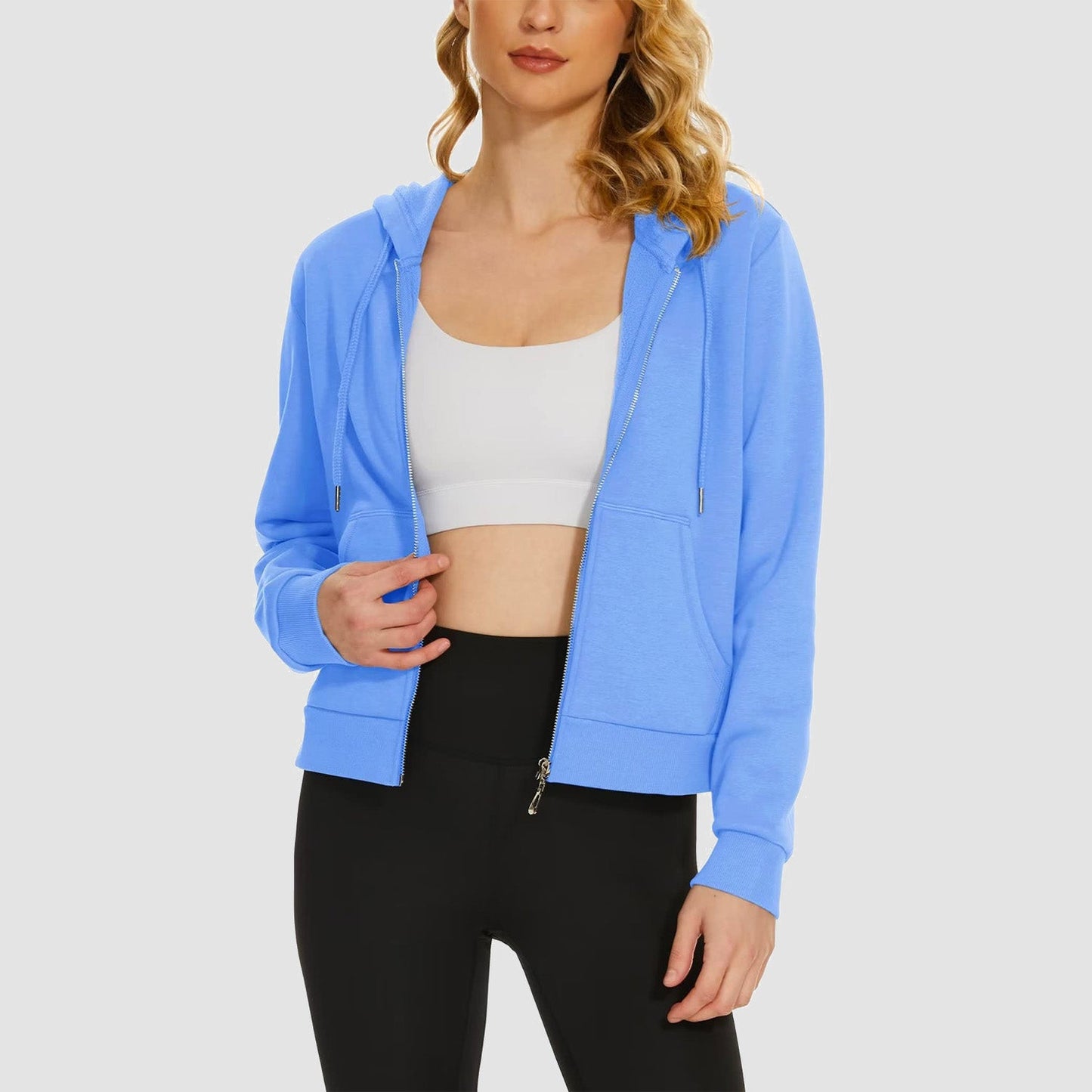 Moletom feminino com capuz, jaqueta bomber feminina, forro de lã, top curto, zíper completo, moletom com capuz para o inverno