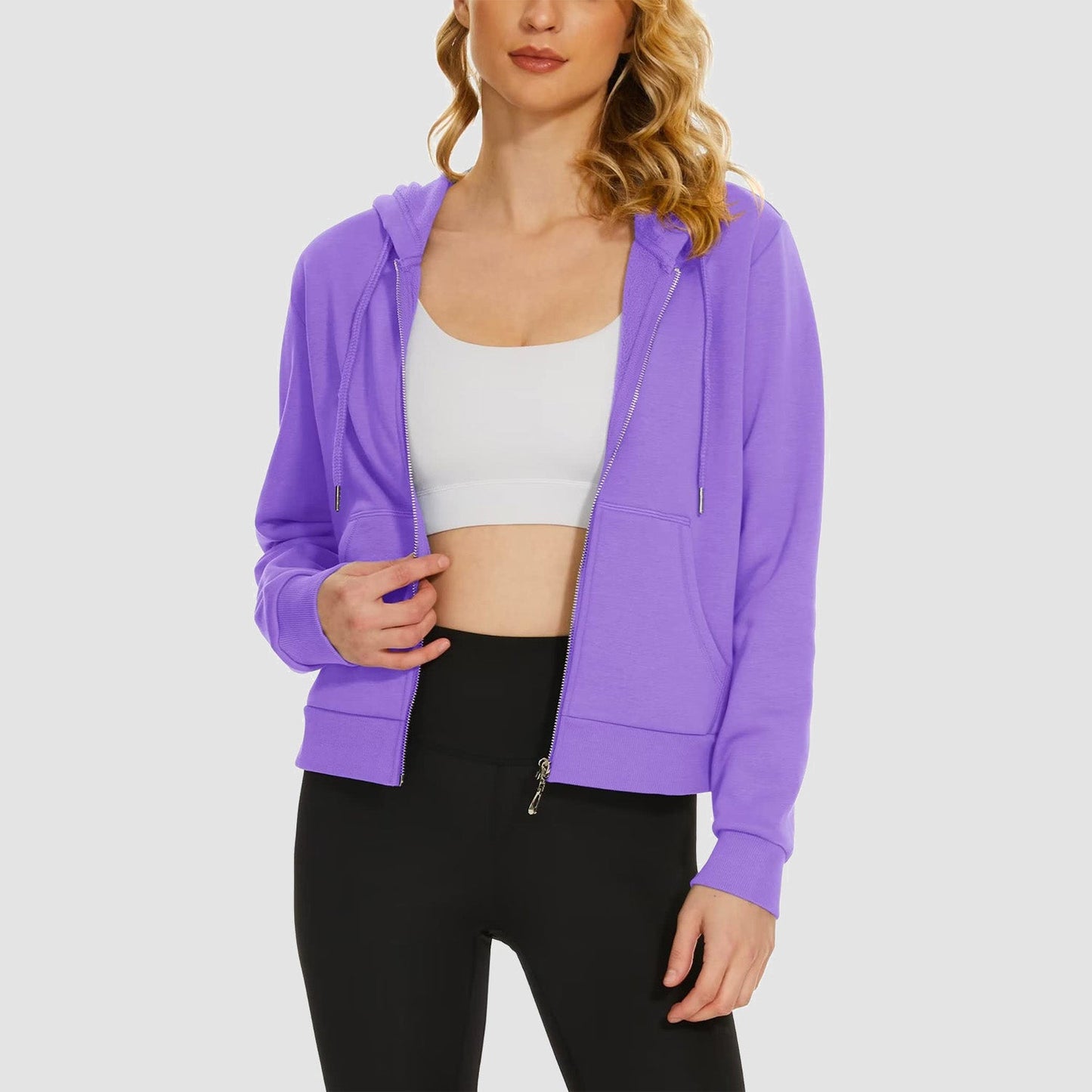 Moletom feminino com capuz, jaqueta bomber feminina, forro de lã, top curto, zíper completo, moletom com capuz para o inverno