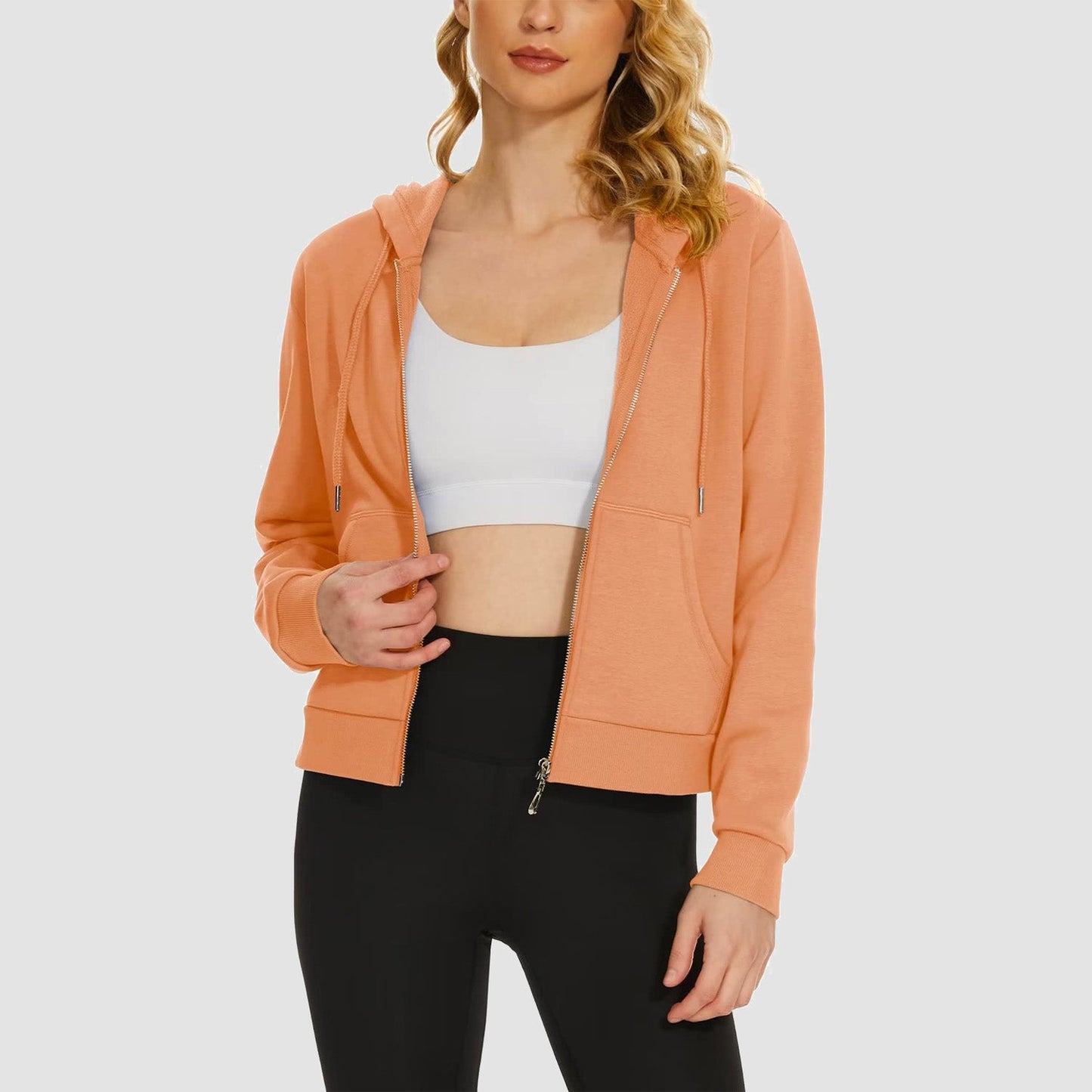 Moletom feminino com capuz, jaqueta bomber feminina, forro de lã, top curto, zíper completo, moletom com capuz para o inverno