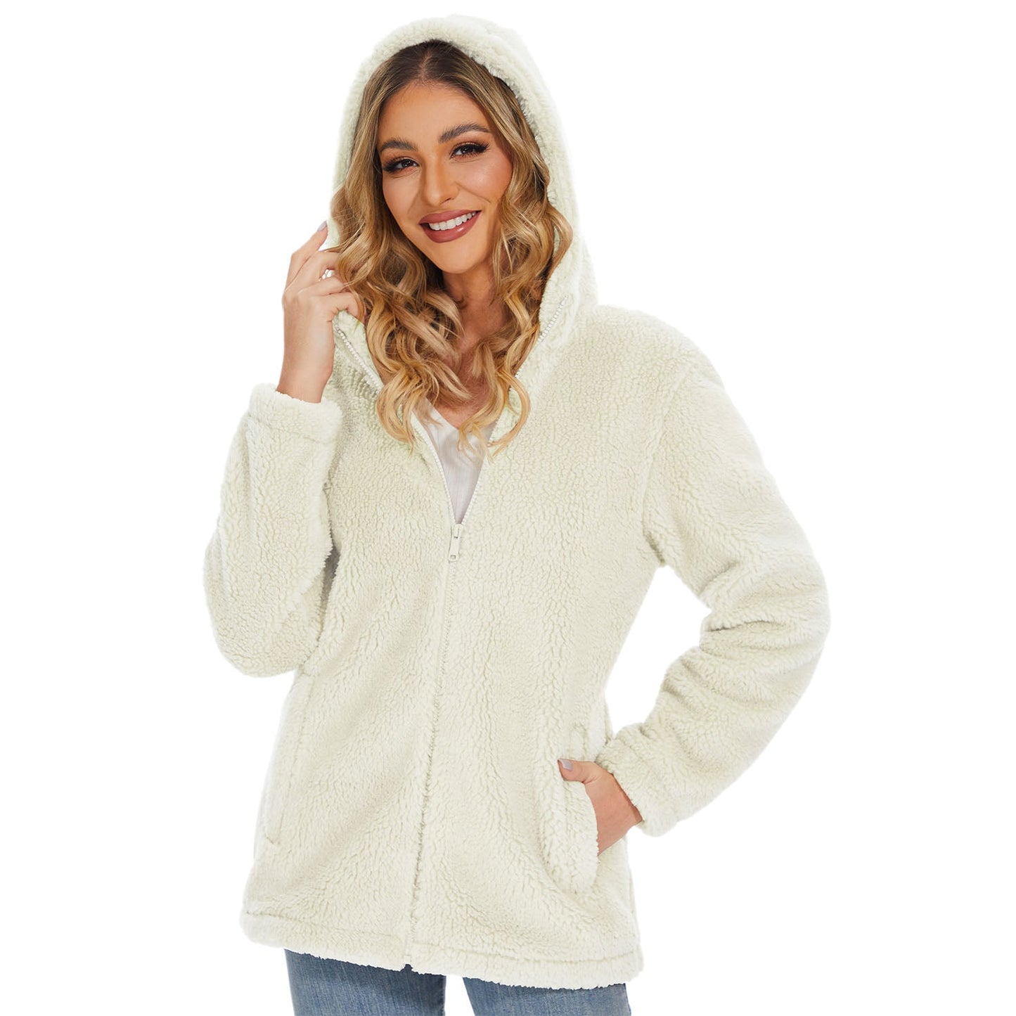 Jaqueta Sherpa Feminina com Capuz e Zíper Completo com Bolsos Casual Inverno Quente Casaco de Lã Macio