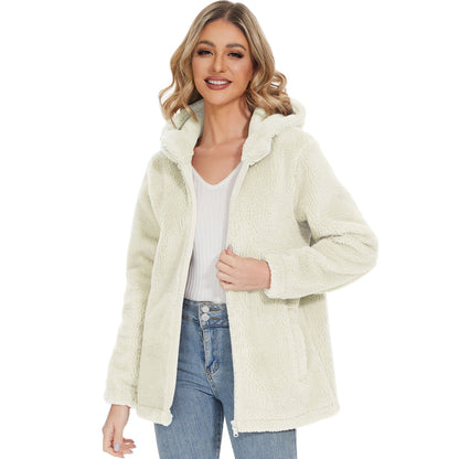 Jaqueta Sherpa Feminina com Capuz e Zíper Completo com Bolsos Casual Inverno Quente Casaco de Lã Macio