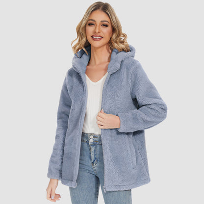 Jaqueta Sherpa Feminina com Capuz e Zíper Completo com Bolsos Casual Inverno Quente Casaco de Lã Macio
