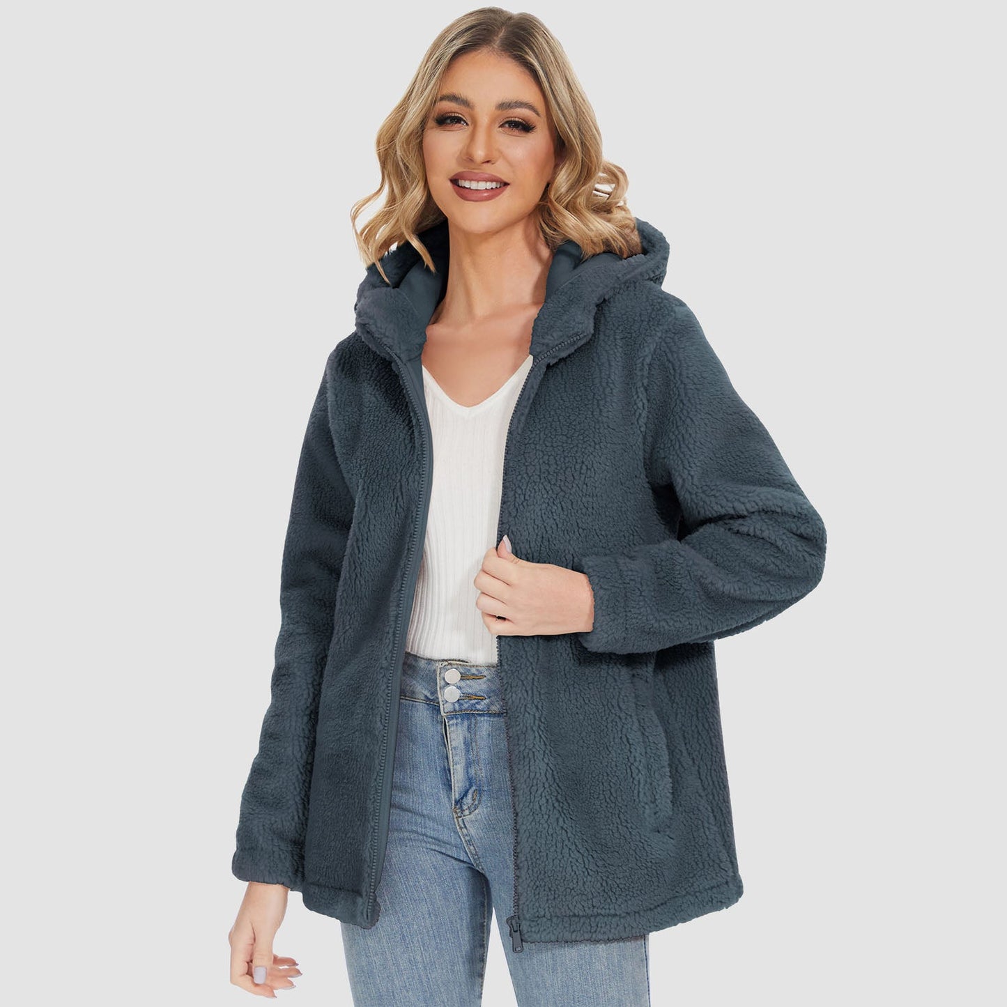 Jaqueta Sherpa Feminina com Capuz e Zíper Completo com Bolsos Casual Inverno Quente Casaco de Lã Macio