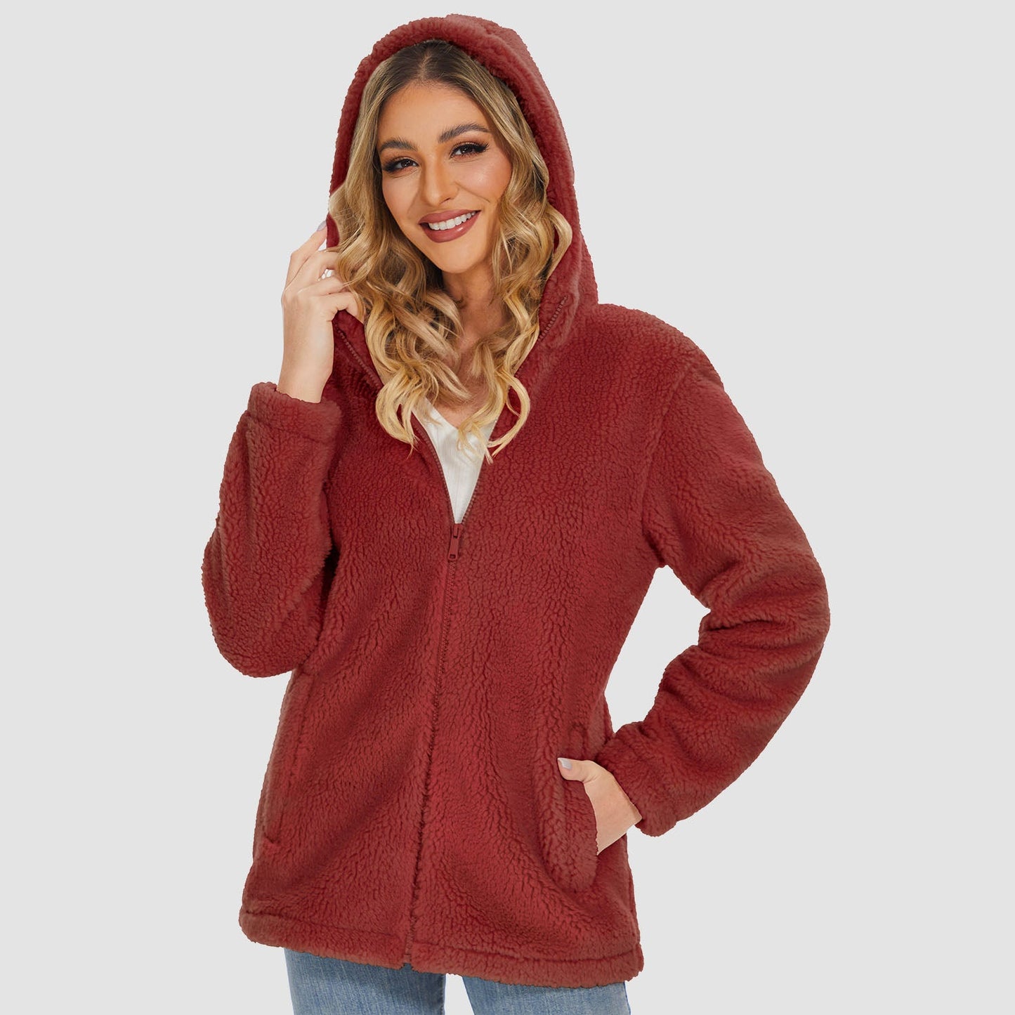 Jaqueta Sherpa Feminina com Capuz e Zíper Completo com Bolsos Casual Inverno Quente Casaco de Lã Macio