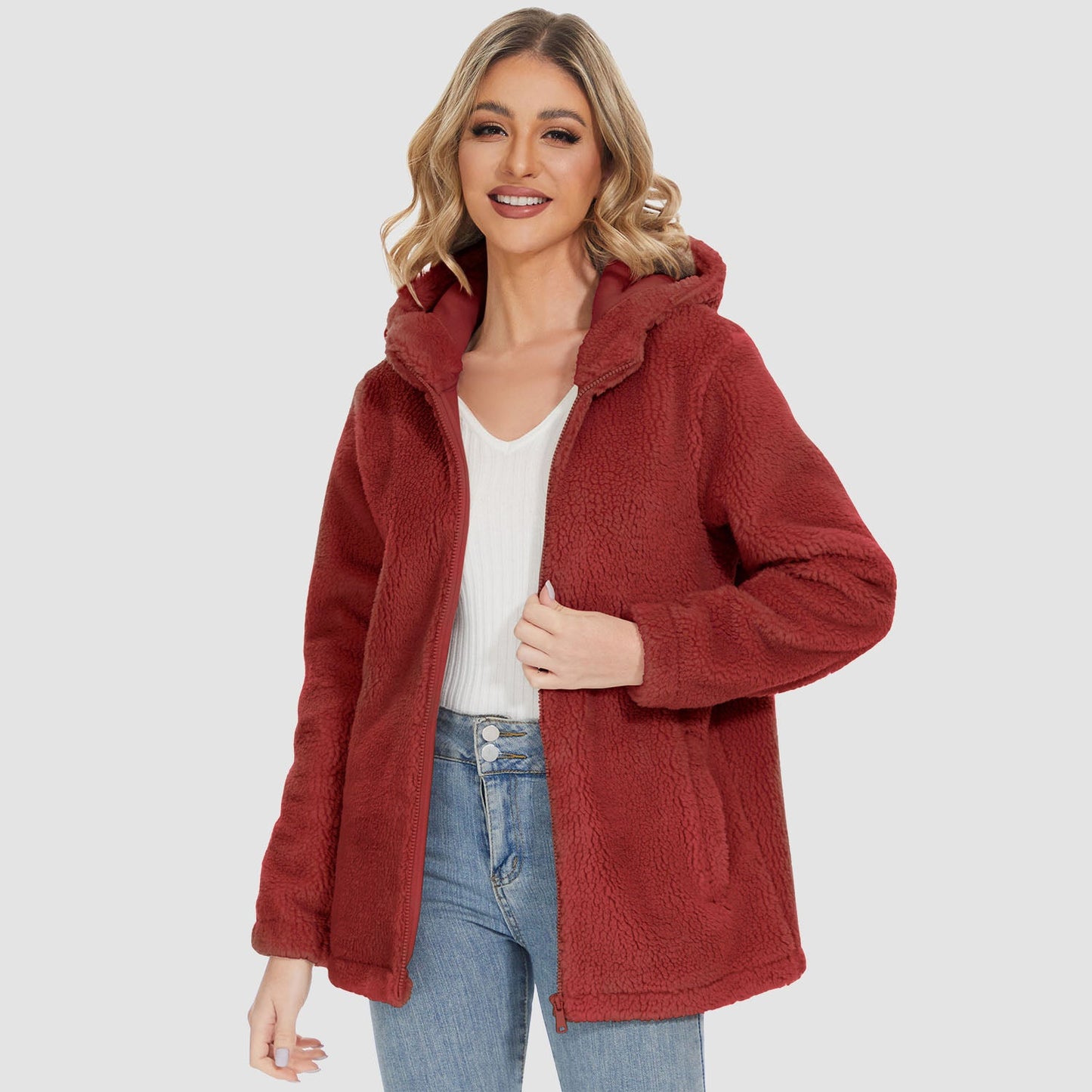 Jaqueta Sherpa Feminina com Capuz e Zíper Completo com Bolsos Casual Inverno Quente Casaco de Lã Macio