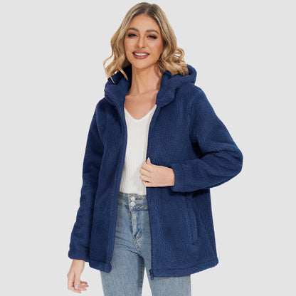 Jaqueta Sherpa Feminina com Capuz e Zíper Completo com Bolsos Casual Inverno Quente Casaco de Lã Macio