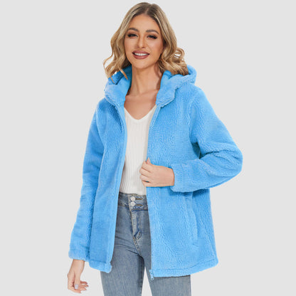 Jaqueta Sherpa Feminina com Capuz e Zíper Completo com Bolsos Casual Inverno Quente Casaco de Lã Macio