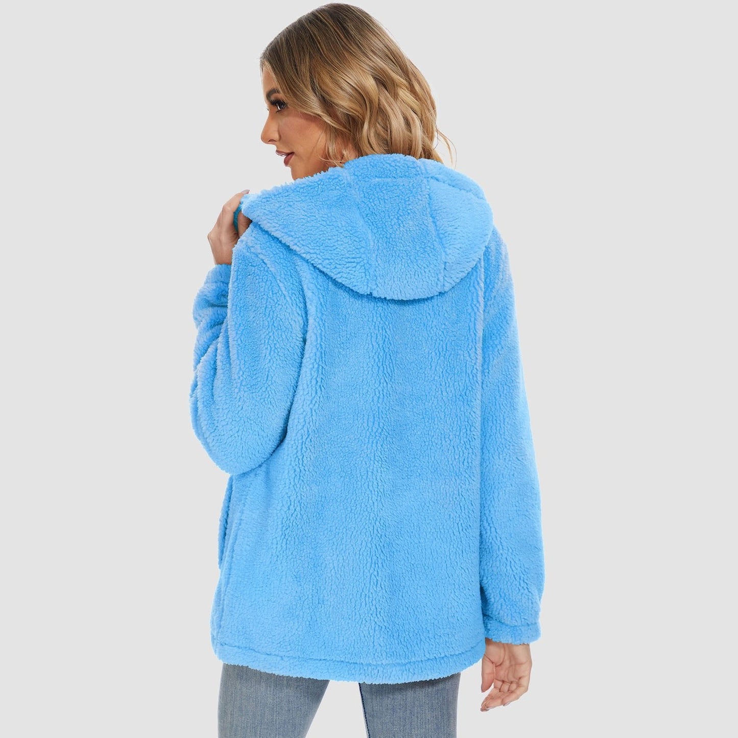 Jaqueta Sherpa Feminina com Capuz e Zíper Completo com Bolsos Casual Inverno Quente Casaco de Lã Macio