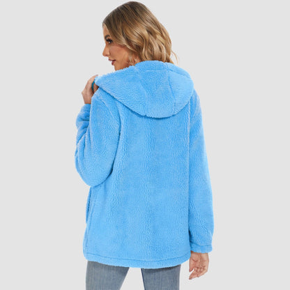 Jaqueta Sherpa Feminina com Capuz e Zíper Completo com Bolsos Casual Inverno Quente Casaco de Lã Macio