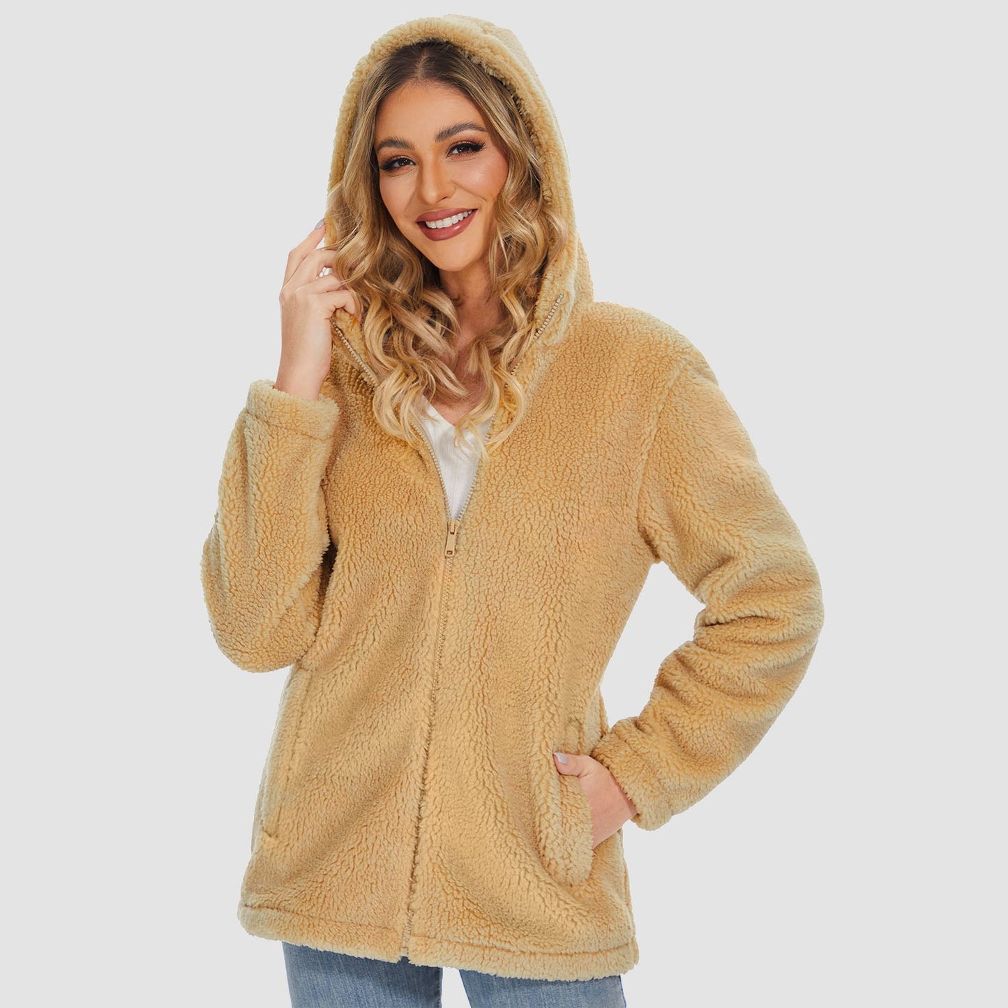 Jaqueta Sherpa Feminina com Capuz e Zíper Completo com Bolsos Casual Inverno Quente Casaco de Lã Macio