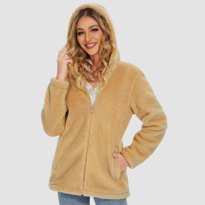 Jaqueta Sherpa Feminina com Capuz e Zíper Completo com Bolsos Casual Inverno Quente Casaco de Lã Macio