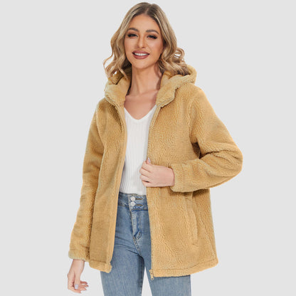 Jaqueta Sherpa Feminina com Capuz e Zíper Completo com Bolsos Casual Inverno Quente Casaco de Lã Macio