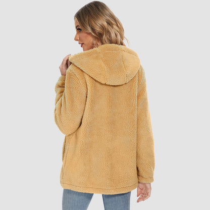 Jaqueta Sherpa Feminina com Capuz e Zíper Completo com Bolsos Casual Inverno Quente Casaco de Lã Macio
