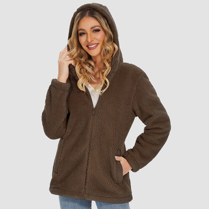 Jaqueta Sherpa Feminina com Capuz e Zíper Completo com Bolsos Casual Inverno Quente Casaco de Lã Macio